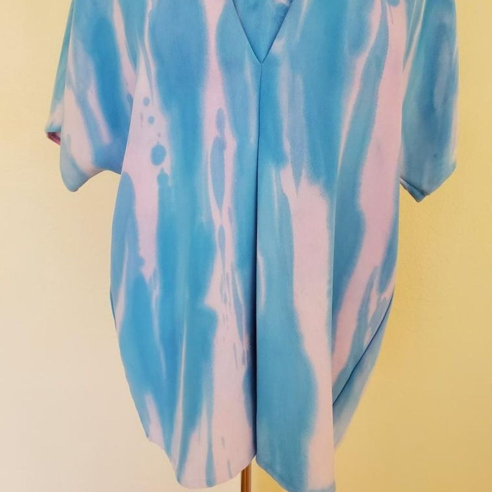 New painted Silk Vince shirt popover blouse dolman caftan top pink blue striped - Picture 6 of 13